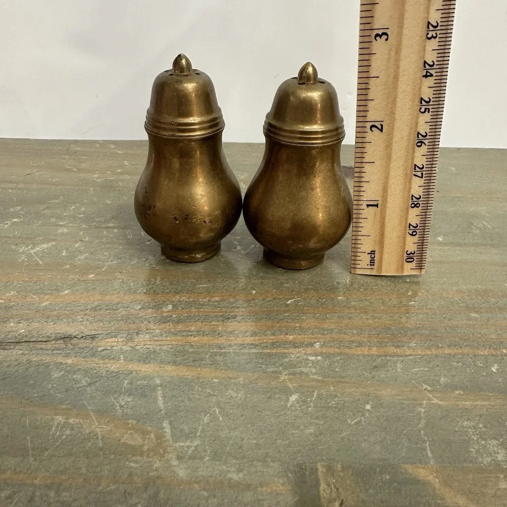 Vintage MCM Solid Brass Salt And Pepper Shakers Lined Screw on Lid Patina Clean